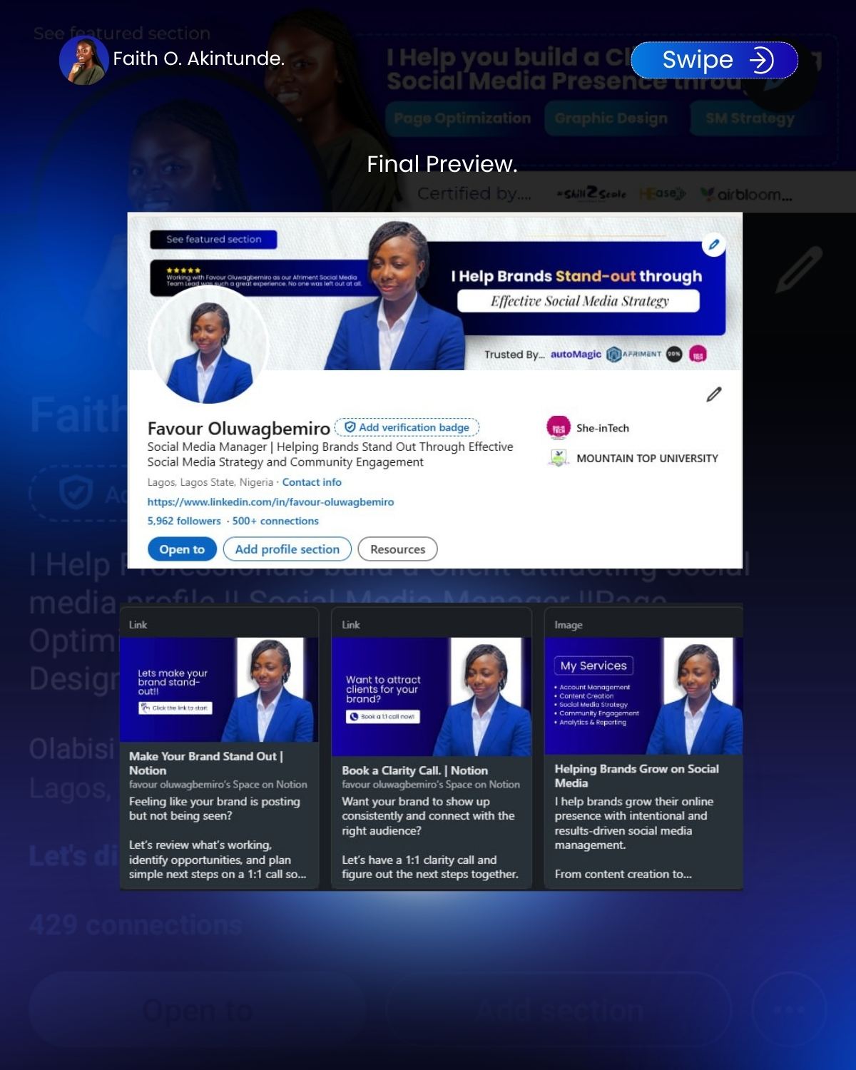 Optimized LinkedIn profile after Faith's redesign