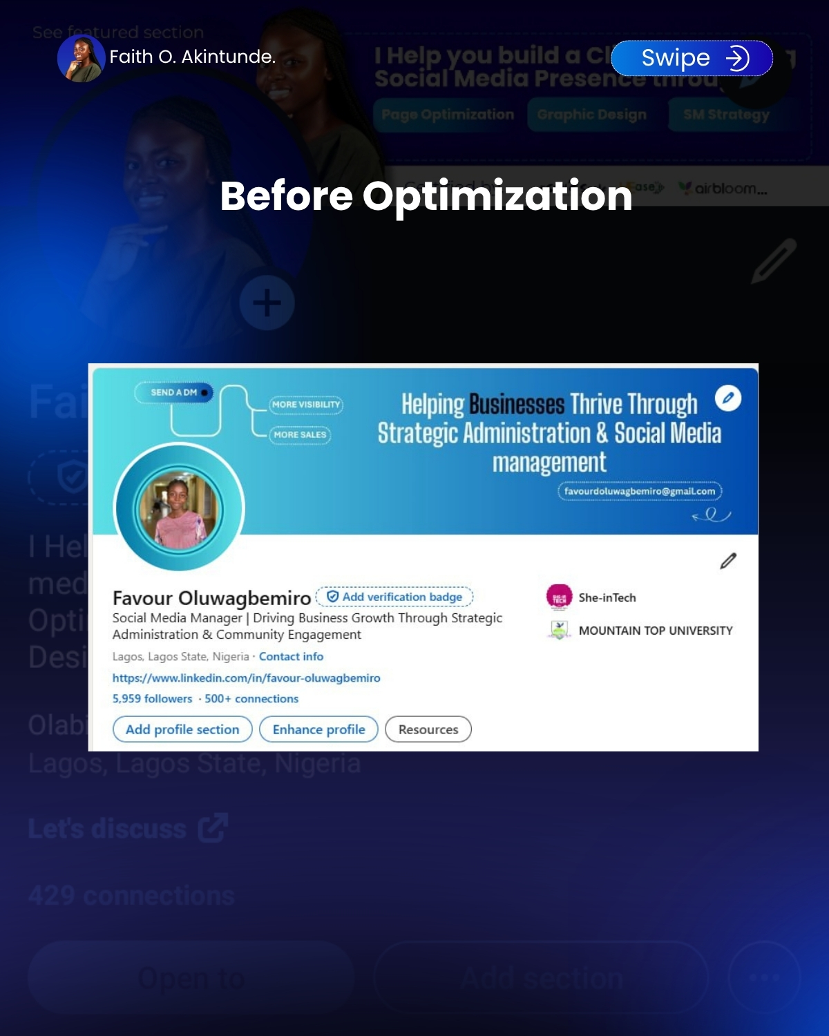 LinkedIn profile before optimization
